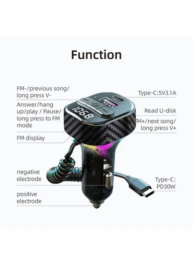 Bluetooth 5.3 Car MP3 Player FM Transmitter with QC3.0 &amp; PD 30W Type-C Charger C52