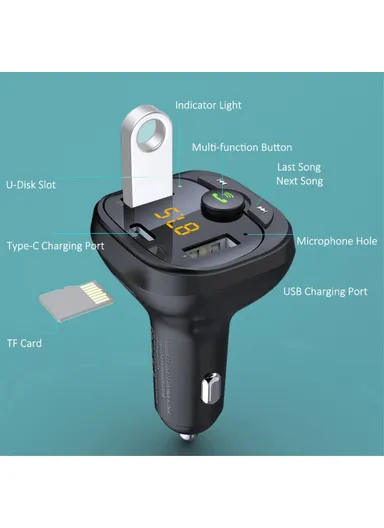 Bluetooth 5.0 Car MP3 Player with Multi-Port USB, Type-C Charger &amp; Hands-free Call Function S-21A