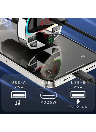 Colorful Light Bluetooth Car Kit Hands-Free Call MP3 Player with PD Type-C &amp; Dual USB Car Charger R2Pro+