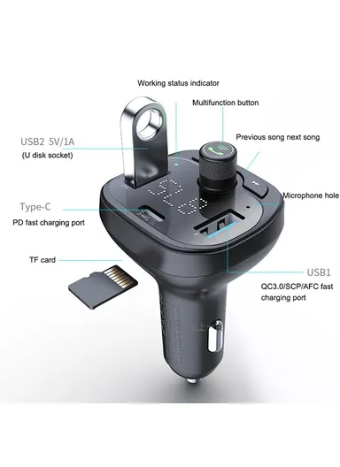 Multi-Purpose Car Music Player with Bluetooth 5.0, FM Transmitter, QC3.0 USB Fast Charging &amp; TF Card/U-disk/BT S-21