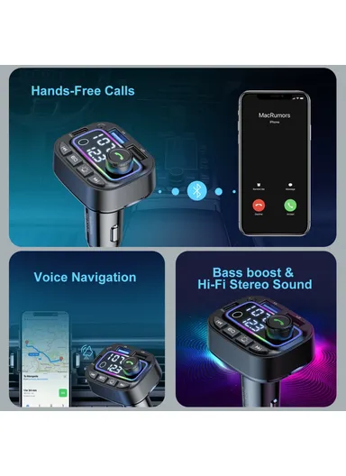 Colorful Light, Bluetooth-compatible, Hands-Free Call, MP3 Player with Type-C &amp; Dual USB Car Charger FM Transmitter T01