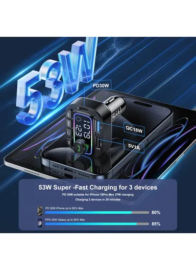 Colorful Light, Bluetooth-compatible, Hands-Free Call, MP3 Player with Type-C &amp; Dual USB Car Charger FM Transmitter T01