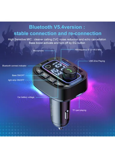 Colorful Light, Bluetooth-compatible, Hands-Free Call, MP3 Player with Type-C &amp; Dual USB Car Charger FM Transmitter T01