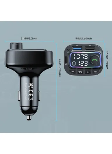 Colorful Light, Bluetooth-compatible, Hands-Free Call, MP3 Player with Type-C &amp; Dual USB Car Charger FM Transmitter T01