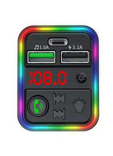 Bluetooth 5.0, Hands-free Call, FM Transmitter MP3 Music Player with Colorful LED Light, Type-C &amp; Dual USB Car Charger U-disk / TF Card F18