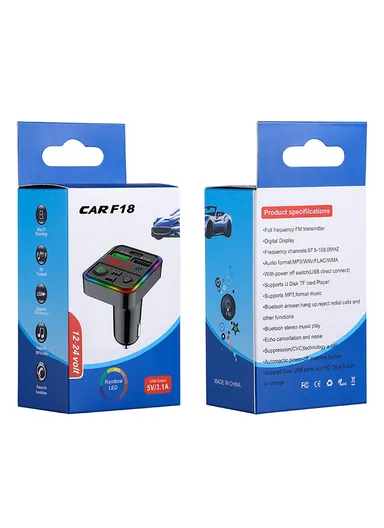 Bluetooth 5.0, Hands-free Call, FM Transmitter MP3 Music Player with Colorful LED Light, Type-C &amp; Dual USB Car Charger U-disk / TF Card F18