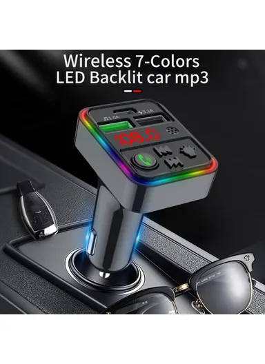 Bluetooth 5.0, Hands-free Call, FM Transmitter MP3 Music Player with Colorful LED Light, Type-C &amp; Dual USB Car Charger U-disk / TF Card F18