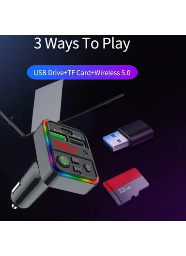 Bluetooth 5.0, Hands-free Call, FM Transmitter MP3 Music Player with Colorful LED Light, Type-C &amp; Dual USB Car Charger U-disk / TF Card F18