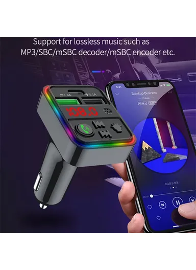 Bluetooth 5.0, Hands-free Call, FM Transmitter MP3 Music Player with Colorful LED Light, Type-C &amp; Dual USB Car Charger U-disk / TF Card F18