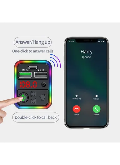 Bluetooth 5.0, Hands-free Call, FM Transmitter MP3 Music Player with Colorful LED Light, Type-C &amp; Dual USB Car Charger U-disk / TF Card F18