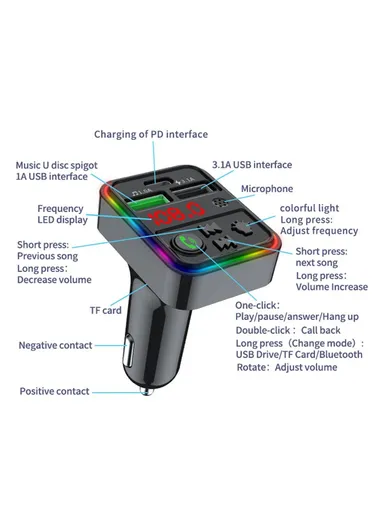 Bluetooth 5.0, Hands-free Call, FM Transmitter MP3 Music Player with Colorful LED Light, Type-C &amp; Dual USB Car Charger U-disk / TF Card F18