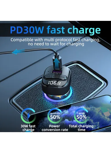 Colorful Light Car Bluetooth-compatible Adapter FM Transmitter MP3 Player Type-C &amp; USB Car Charger C50