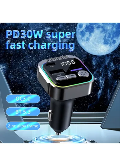 Alloy Bluetooth-compatible Car Adapter, FM Transmitter, MP3 Player with PD 30W Type-C &amp; Dual USB Car Charger C54