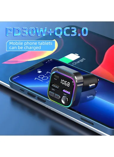 Alloy Bluetooth-compatible Car Adapter, FM Transmitter, MP3 Player with PD 30W Type-C &amp; Dual USB Car Charger C54