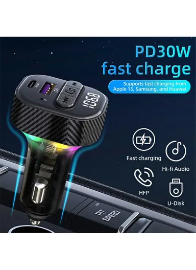 PD 30W Fast Charging USB &amp; Type-C Car Charger Bluetooth-compatible FM Transmitter with Colorful Light C50