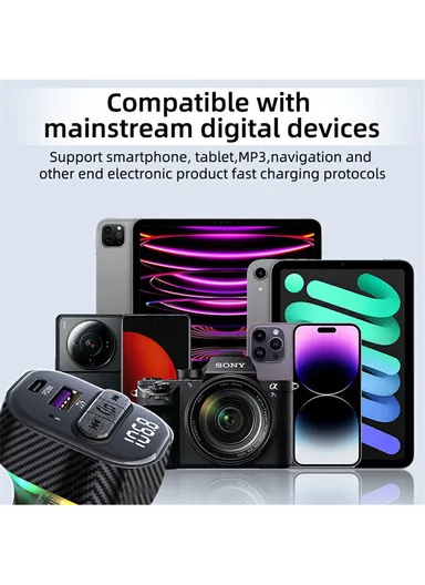 PD 30W Fast Charging USB &amp; Type-C Car Charger Bluetooth-compatible FM Transmitter with Colorful Light C50