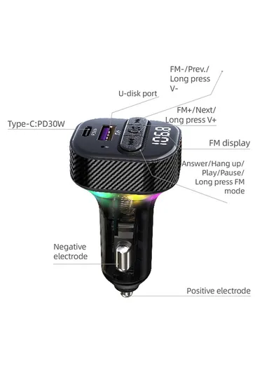 PD 30W Fast Charging USB &amp; Type-C Car Charger Bluetooth-compatible FM Transmitter with Colorful Light C50