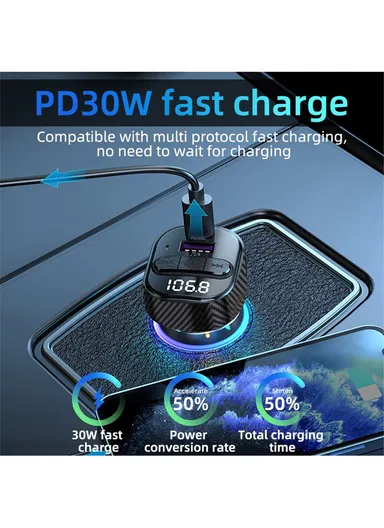 PD 30W Fast Charging USB &amp; Type-C Car Charger Bluetooth-compatible FM Transmitter with Colorful Light C50