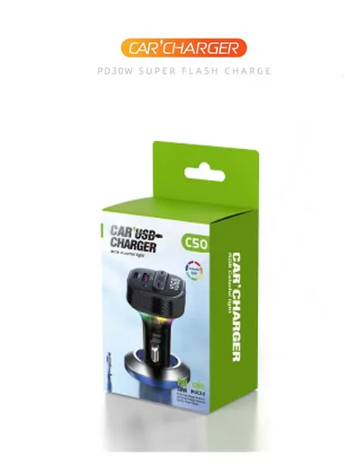 PD 30W Fast Charging USB &amp; Type-C Car Charger Bluetooth-compatible FM Transmitter with Colorful Light C50
