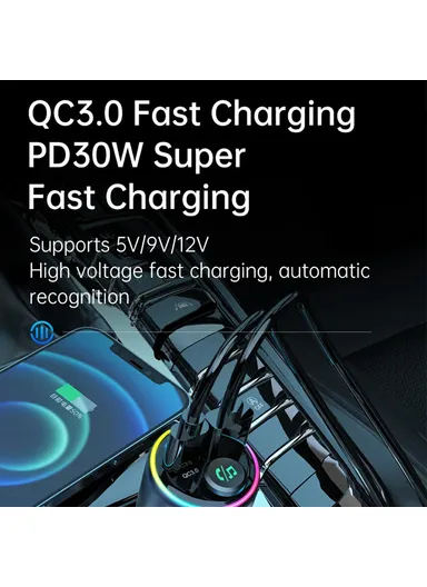 48W Car Charger Fast Charging Adapter, Bluetooth-Compatible, MP3 Player, FM Transmitter with Ambient Light BC89