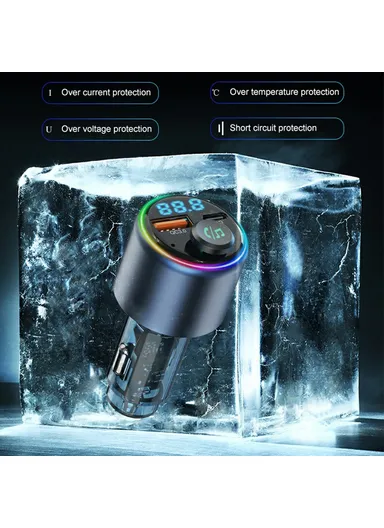 48W Car Charger Fast Charging Adapter, Bluetooth-Compatible, MP3 Player, FM Transmitter with Ambient Light BC89