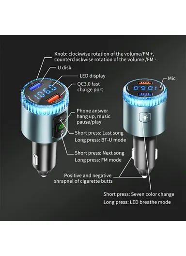 MP3 Player Ambient Light Digital Display Bluetooth-Compatible Car Charger FM Transmitter Support U-Disk BC77