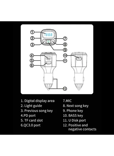 Car Charger Bluetooth-Compatible MP3 Player Hands-Free Calling Voltage Display Adapter BC80