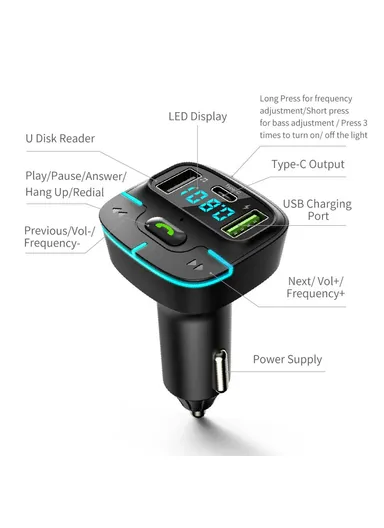 Car BT MP3 Player FM Transmitter with Car Charger LED Voltage Display Lossless Audio Quality GZ03