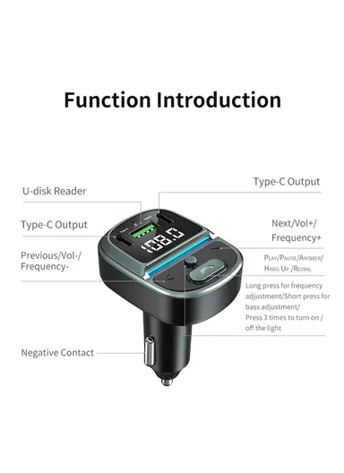Bluetooth-compatible Car Charger with Voltage Display, MP3 Player, Dual Type-C &amp; USB Charging Adapter GZ07