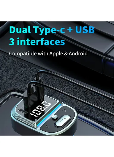 Bluetooth-compatible Car Charger with Voltage Display, MP3 Player, Dual Type-C &amp; USB Charging Adapter GZ07
