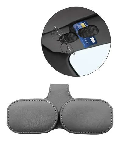Car Sunglasses Holder Vehicle Visor Clip Magnetic PU Leather Sun Glasses Eyeglass Hanger - Grey