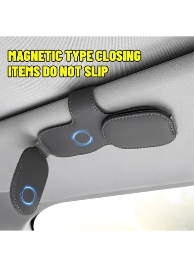 Car Sunglasses Holder Vehicle Visor Clip Magnetic PU Leather Sun Glasses Eyeglass Hanger - Grey
