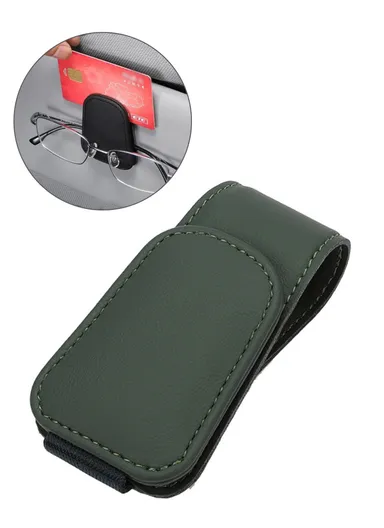 Car Sun Visor Sunglasses Holder Magnetic Microfiber Leather Glasses Eyeglass Hanger for Ticket, Card, Bill - Blackish Green