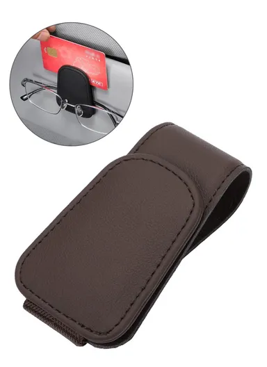 Car Sun Visor Sunglasses Holder Magnetic Microfiber Leather Glasses Eyeglass Hanger for Ticket, Card, Bill - Brown