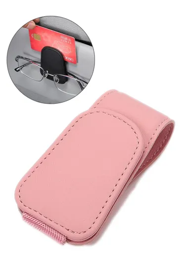 Car Sun Visor Sunglasses Holder Magnetic Microfiber Leather Glasses Eyeglass Hanger for Ticket, Card, Bill - Pink