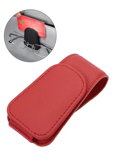 Car Sun Visor Sunglasses Holder Magnetic Microfiber Leather Glasses Eyeglass Hanger for Ticket, Card, Bill - Red