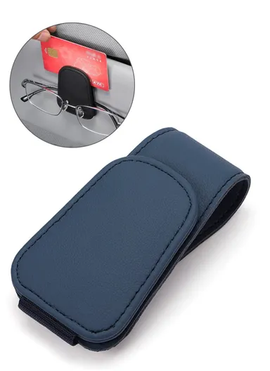 Car Sun Visor Sunglasses Holder Magnetic Microfiber Leather Glasses Eyeglass Hanger for Ticket, Card, Bill - Sapphire