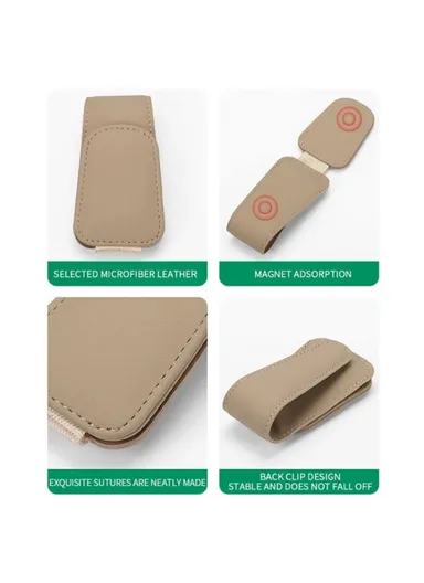 Car Sun Visor Sunglasses Holder Magnetic Microfiber Leather Glasses Eyeglass Hanger for Ticket, Card, Bill - Beige