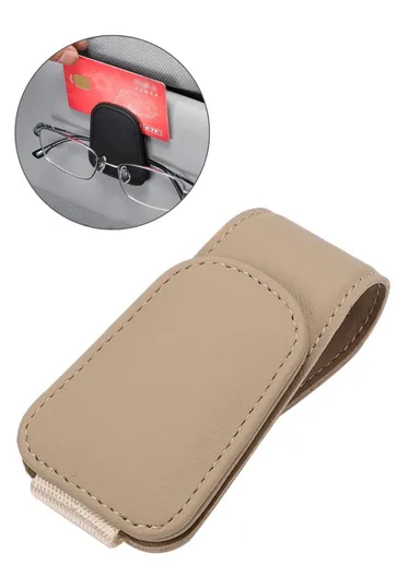 Car Sun Visor Sunglasses Holder Magnetic Microfiber Leather Glasses Eyeglass Hanger for Ticket, Card, Bill - Beige