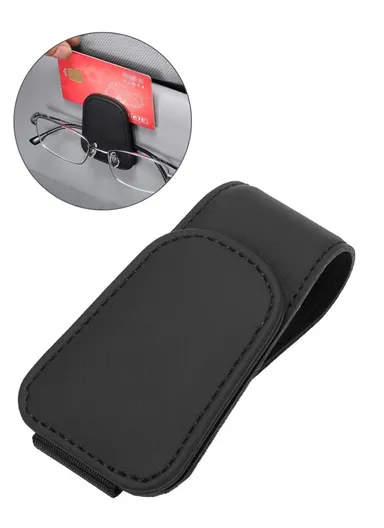 Car Sun Visor Sunglasses Holder Magnetic Microfiber Leather Glasses Eyeglass Hanger for Ticket, Card, Bill - Black