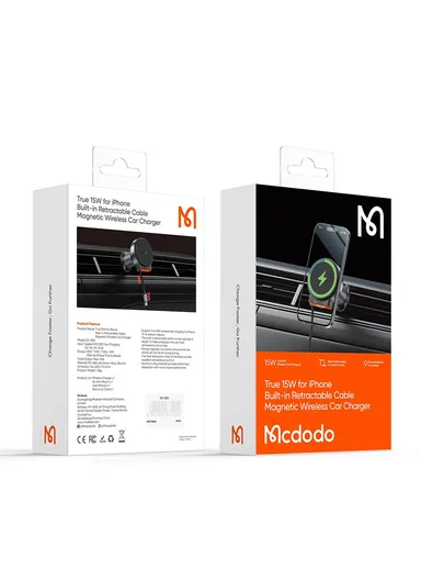 15W Car Air Outlet Magnetic Wireless Car Charger with Built-In Retractable Cable CH-3000