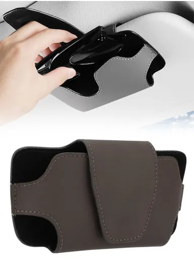 Nappa Texture PU Leather Car Glasses Storage Case Sun Visor Clip Sunglasses Holder - Brown