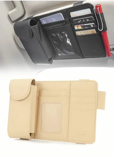 Car Sun Visor Microfiber Leather Storage Bag Driver License Cards Glasses Holder Bag - Beige