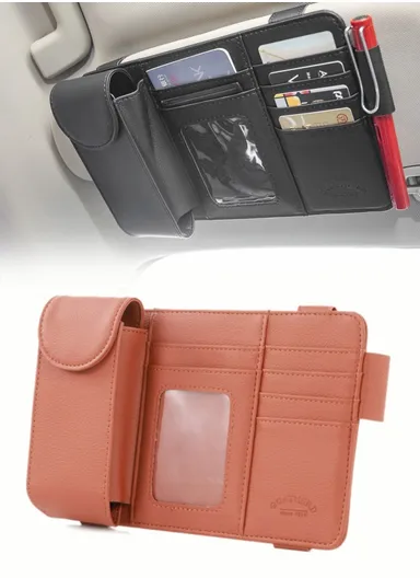 Car Sun Visor Microfiber Leather Storage Bag Driver License Cards Glasses Holder Bag - Brown