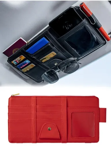 Car Sun Visor Zipper Pocket Storage Bag Microfiber Leather Cards Glasses Phone Holder Bag - Red