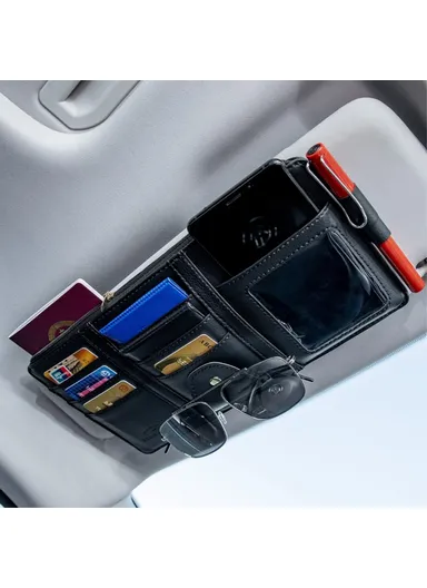 Car Sun Visor Zipper Pocket Storage Bag Microfiber Leather Cards Glasses Phone Holder Bag - Beige