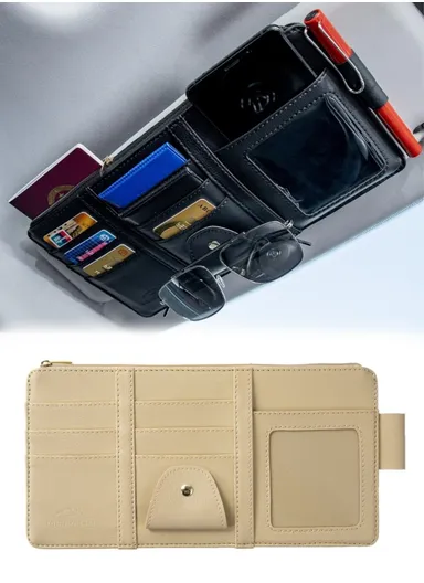 Car Sun Visor Zipper Pocket Storage Bag Microfiber Leather Cards Glasses Phone Holder Bag - Beige