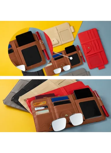 Car Sun Visor Zipper Pocket Storage Bag Microfiber Leather Cards Glasses Phone Holder Bag - Brown