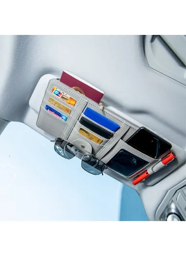 Car Sun Visor Zipper Pocket Storage Bag Microfiber Leather Cards Glasses Phone Holder Bag - Brown