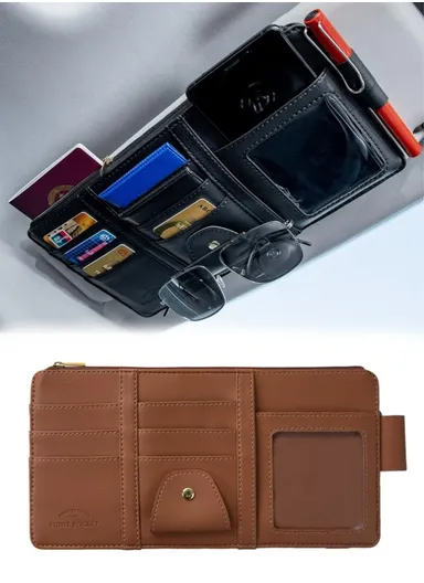 Car Sun Visor Zipper Pocket Storage Bag Microfiber Leather Cards Glasses Phone Holder Bag - Brown